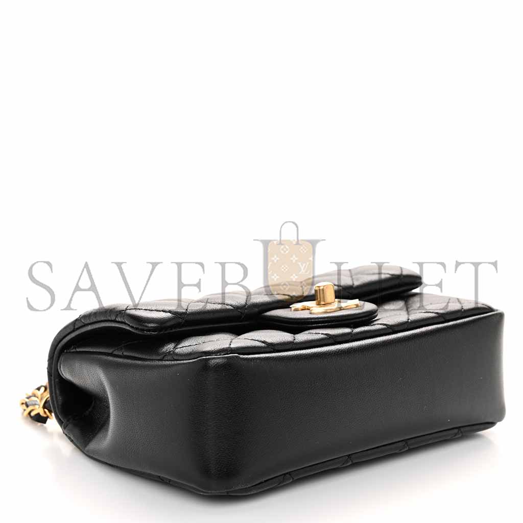 Ch*el shiny lambskin quilted pearl twist mini square flap black as4385 (17*12.5*5cm)